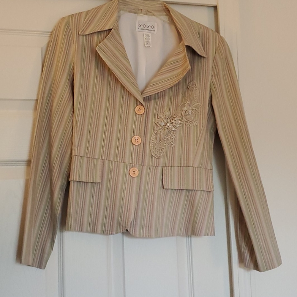 XoXo Striped Blazer with Pearl and Lace Decor